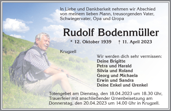 Traueranzeige von Rudolf Bodenmüller von Allgäuer Zeitung,Kempten