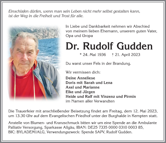 Traueranzeige von Rudolf Gudden von Allgäuer Zeitung,Kempten