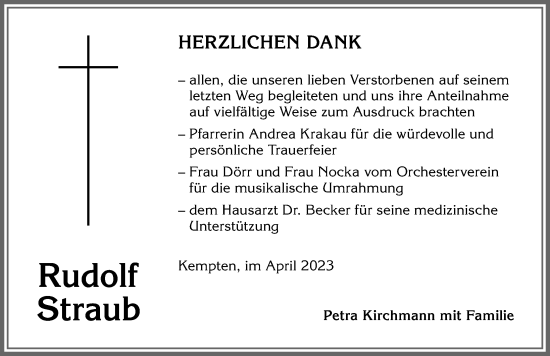 Traueranzeige von Rudolf Straub von Allgäuer Zeitung,Kempten