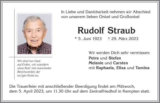 Traueranzeige von Rudolf Straub von Allgäuer Zeitung,Kempten