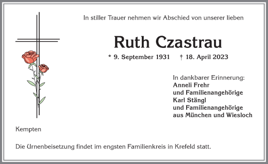 Traueranzeige von Ruth Czastrau von Allgäuer Zeitung,Kempten