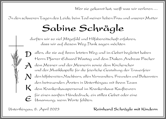 Traueranzeige von Sabine Schrägle von Allgäuer Zeitung, Marktoberdorf