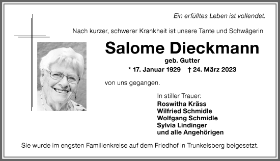 Traueranzeige von Salome Dieckmann von Memminger Zeitung