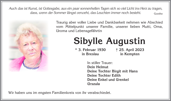 Traueranzeige von Sibylle Augustin von Allgäuer Zeitung,Kempten