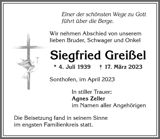 Traueranzeige von Siegfried Greißel von Allgäuer Anzeigeblatt