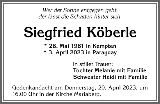 Traueranzeige von Siegfried Köberle von Allgäuer Zeitung,Kempten