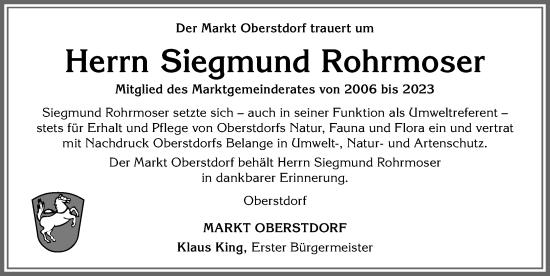 Traueranzeige von Siegmund Rohrmoser von Allgäuer Anzeigeblatt