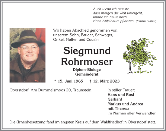 Traueranzeige von Siegmund Rohrmoser von Allgäuer Anzeigeblatt