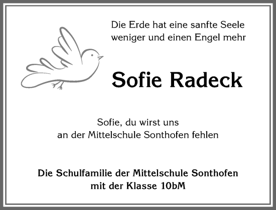 Traueranzeige von Sofie Radeck von Allgäuer Anzeigeblatt