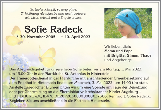 Traueranzeige von Sofie Radeck von Allgäuer Anzeigeblatt