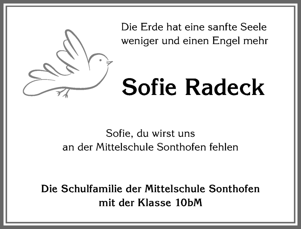  Traueranzeige für Sofie Radeck vom 27.04.2023 aus Allgäuer Anzeigeblatt