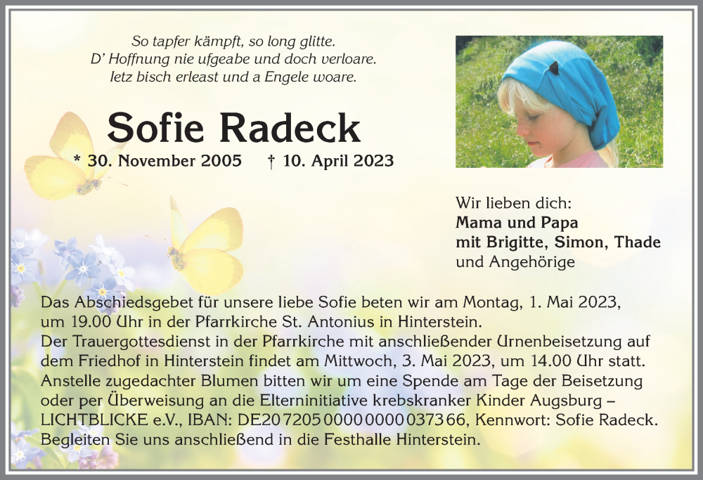  Traueranzeige für Sofie Radeck vom 25.04.2023 aus Allgäuer Anzeigeblatt