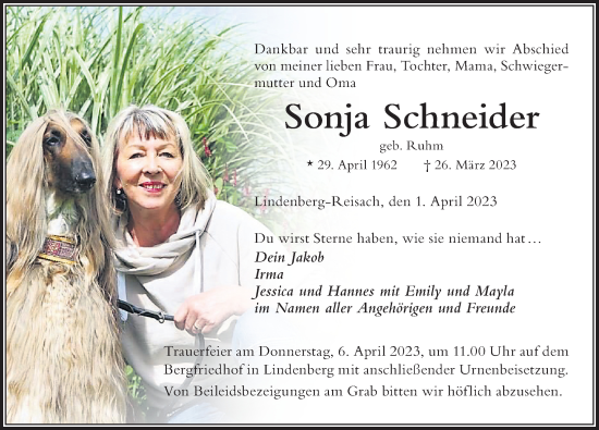 Traueranzeige von Sonja Schneider von Der Westallgäuer