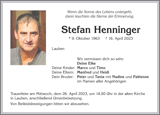 Traueranzeige von Stefan Henninger von Allgäuer Zeitung,Kempten