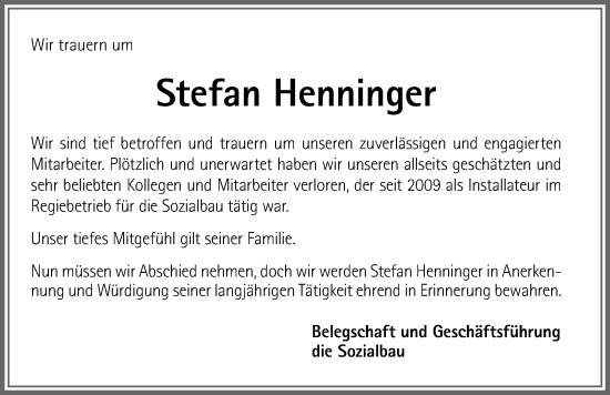 Traueranzeige von Stefan Henninger von Allgäuer Zeitung,Kempten
