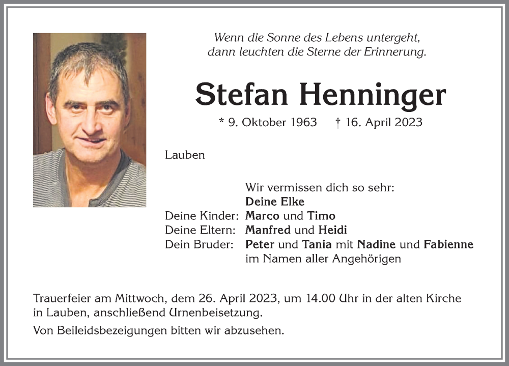  Traueranzeige für Stefan Henninger vom 22.04.2023 aus Allgäuer Zeitung,Kempten