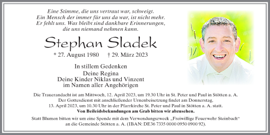 Traueranzeige von Stephan Sladek von Allgäuer Zeitung, Marktoberdorf