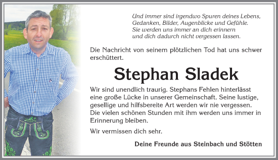 Traueranzeige von Stephan Sladek von Allgäuer Zeitung, Marktoberdorf