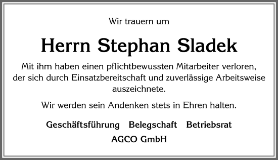 Traueranzeige von Stephan Sladek von Allgäuer Zeitung, Marktoberdorf
