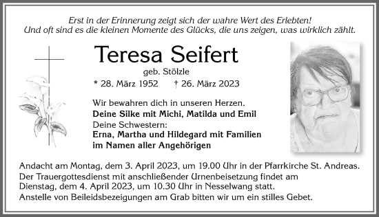 Traueranzeige von Teresa Seifert von Allgäuer Zeitung, Füssen