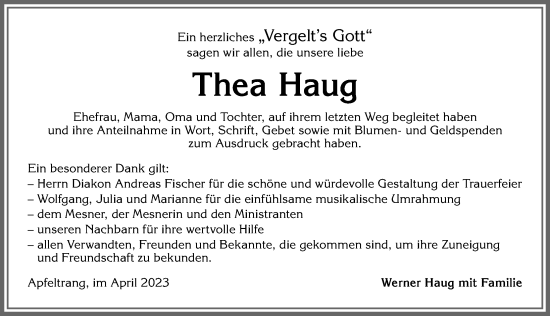 Traueranzeige von Thea Haug von Allgäuer Zeitung, Marktoberdorf