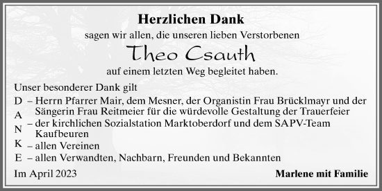 Traueranzeige von Theo Csauth von Allgäuer Zeitung, Marktoberdorf