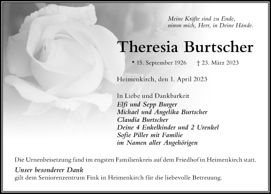 Traueranzeige von Theresia Burtscher von Der Westallgäuer