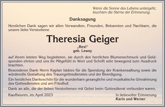 Traueranzeige von Theresia Geiger von Allgäuer Zeitung, Kaufbeuren/Buchloe