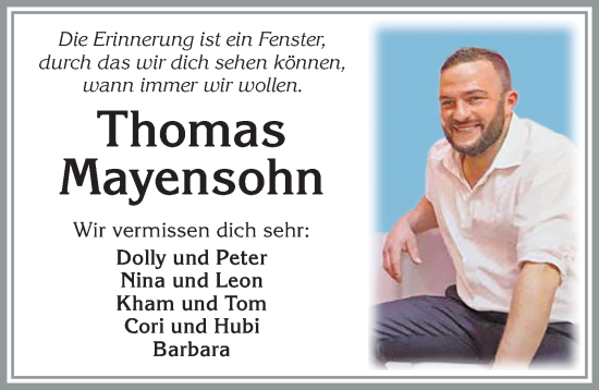 Traueranzeige von Thomas Mayensohn von Allgäuer Zeitung, Kaufbeuren/Buchloe