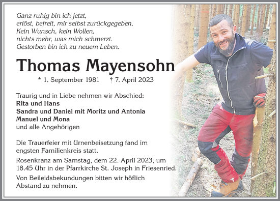 Traueranzeige von Thomas Mayensohn von Allgäuer Zeitung, Kaufbeuren/Buchloe