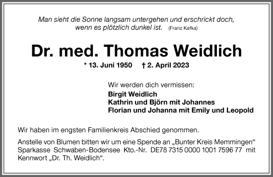 Traueranzeige von Thomas Weidlich von Memminger Zeitung