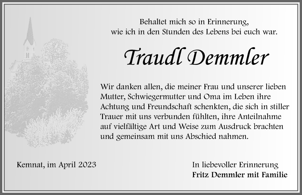  Traueranzeige für Traudl Demmler vom 19.04.2023 aus Allgäuer Zeitung, Kaufbeuren/Buchloe