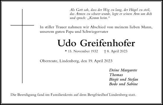 Traueranzeige von Udo Greifenhofer von Der Westallgäuer