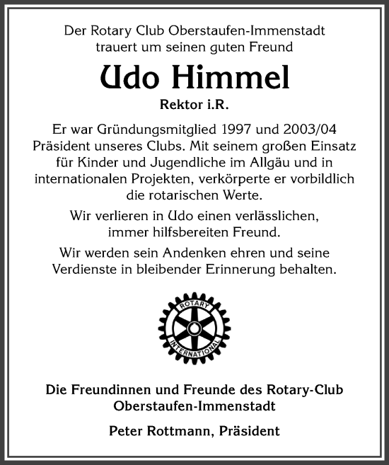 Traueranzeige von Udo Himmel von Allgäuer Anzeigeblatt