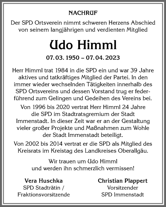 Traueranzeige von Udo Himml von Allgäuer Anzeigeblatt