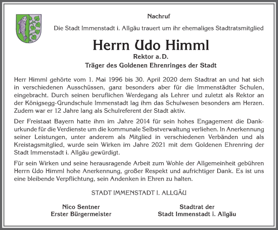 Traueranzeige von Udo Himml von Allgäuer Anzeigeblatt