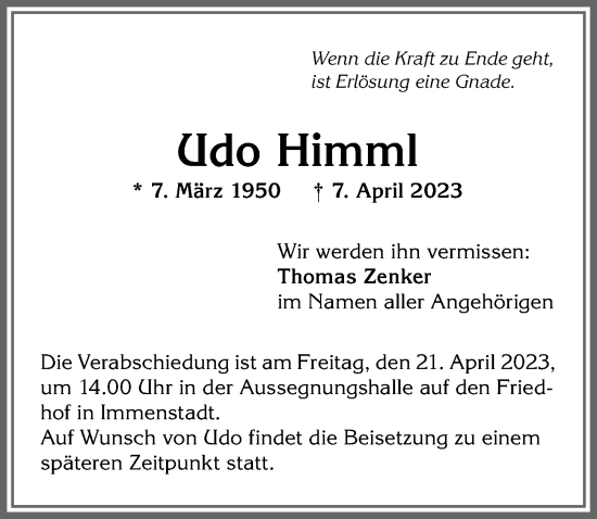 Traueranzeige von Udo Himml von Allgäuer Anzeigeblatt