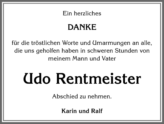 Traueranzeige von Udo Rentmeister von Allgäuer Zeitung, Marktoberdorf