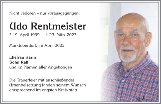 Traueranzeige von Udo Rentmeister von Allgäuer Zeitung, Marktoberdorf