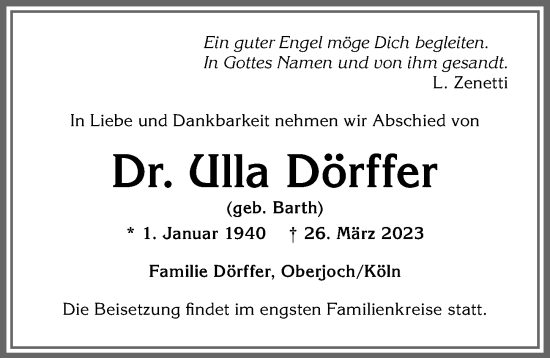Traueranzeige von Ulla Dörffer von Allgäuer Anzeigeblatt