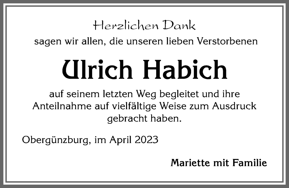  Traueranzeige für Ulrich Habich vom 26.04.2023 aus Allgäuer Zeitung, Marktoberdorf
