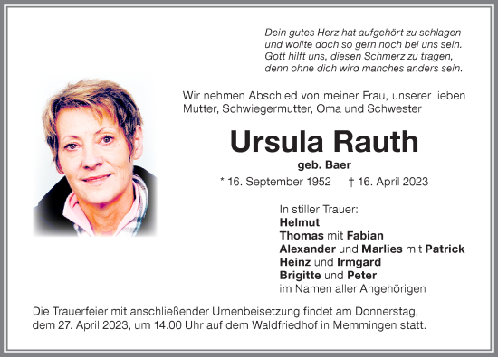 Traueranzeige von Ursula Rauth von Memminger Zeitung