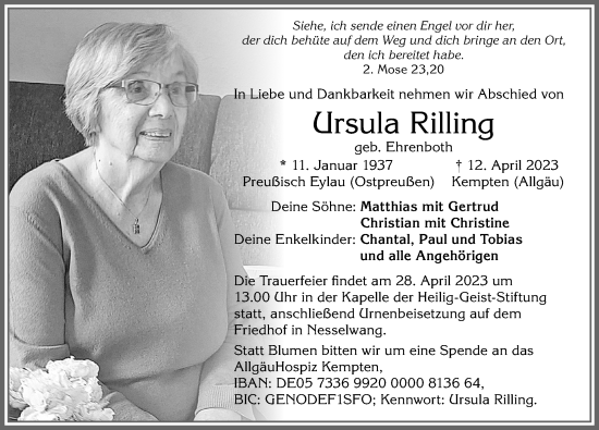 Traueranzeige von Ursula Rilling von Allgäuer Zeitung, Füssen