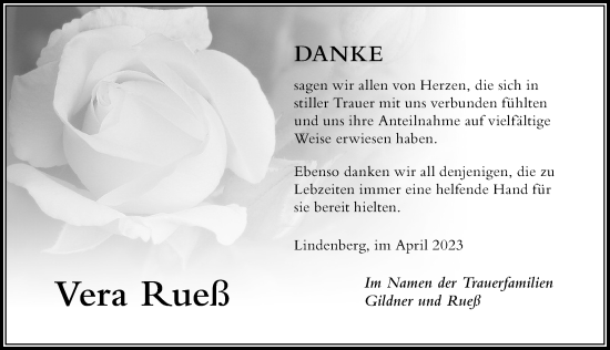 Traueranzeige von Vera Rueß von Der Westallgäuer