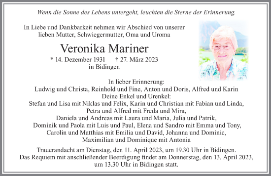 Traueranzeige von Veronika Mariner von Allgäuer Zeitung, Marktoberdorf