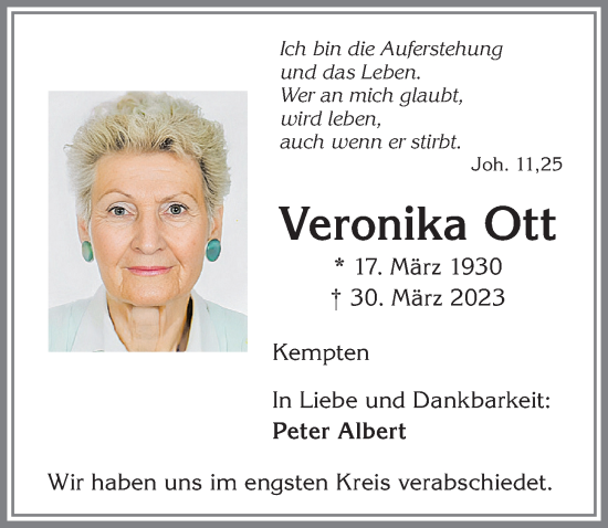 Traueranzeige von Veronika Ott von Allgäuer Zeitung,Kempten