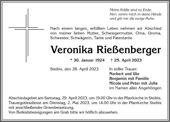 Traueranzeige von Veronika Rießenberger von Allgäuer Anzeigeblatt