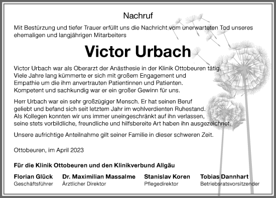 Traueranzeige von Victor Urbach von Memminger Zeitung