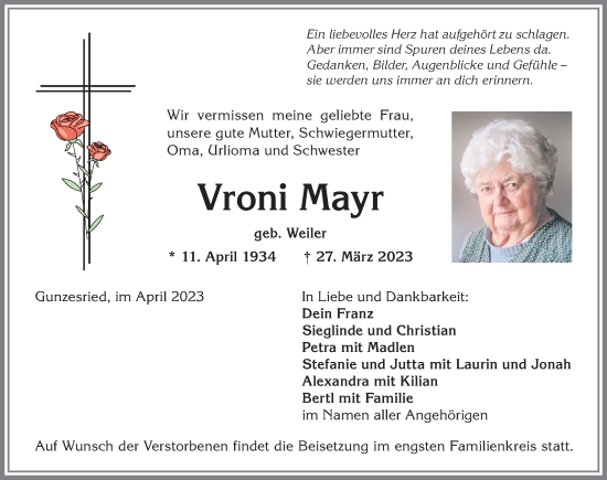 Traueranzeige von Vroni Mayr von Allgäuer Anzeigeblatt
