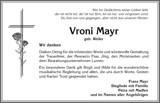 Traueranzeige von Vroni Mayr von Allgäuer Anzeigeblatt